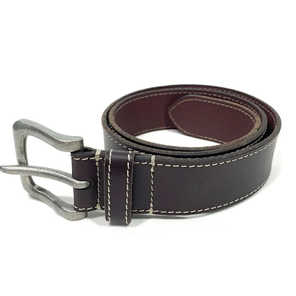 Timberland Men's Leather Belt Brown Topstitching Silver Hardware Size 32